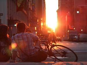 sun, a man, west, Bike, Street, Women