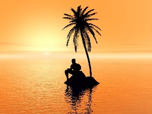 west, a man, Palm, sea, sun, Islet