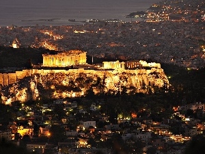 Floodlit, acropolis, Greece