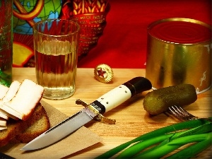 alcohol, knife, Tuszonka, chives, speck