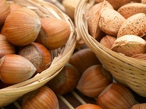 almonds, hazelnuts, Baskets, nuts