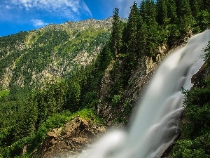 Alps, Mountains, waterfall, Austria, woods