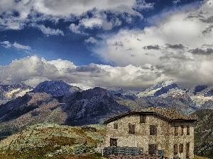 Alps, clouds, house, Switzerland, Mountains