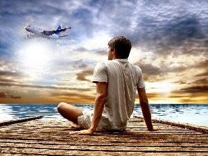 an, a man, plane, pier, sea