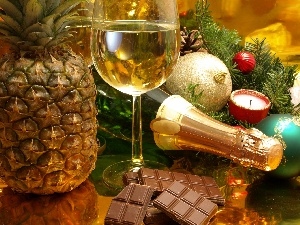 New, ananas, chocolate, Champagne, year, wine glass