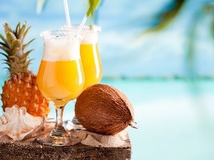 ananas, Coconut, Two cars, shell, drinks