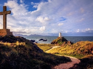 Llanddwyn Anglesey, sea, Island, Cross, wales, Lighthouses