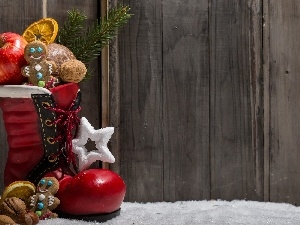 Gingerbread, Apple, Christmas, Red, nuts, shoe, decoration