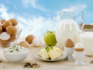 Apple, butter, eggs, Muesli, milk