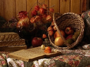 basket, apples, truck concrete mixer, autumn, driers, composition