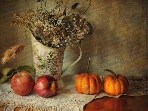 apples, Flowers, pitcher, pumpkin, dried