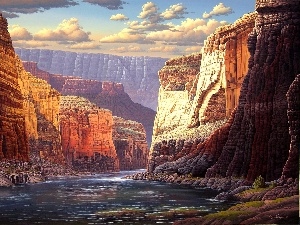 Art, River, clouds, canyons