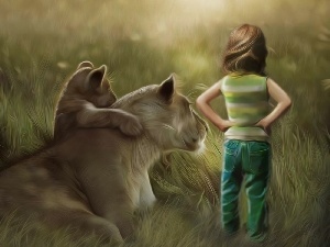 Art, little doggies, girl, Lioness