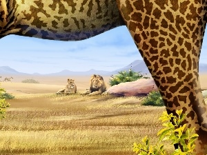Art, giraffe, Lion, Lioness