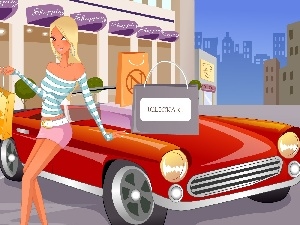 Automobile, Blonde, Red, graphics, shopping, Houses