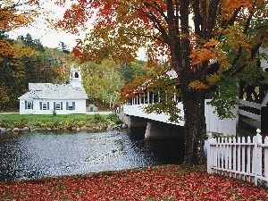 autumn, River, Church, bridge