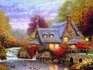 autumn, bridge, house, Thomas Kinkade, River