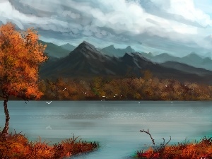 autumn, trees, lake, Mountains