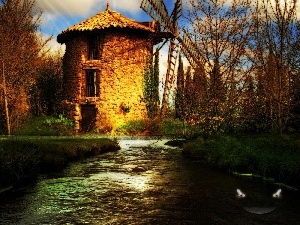 autumn, River, Windmill, water