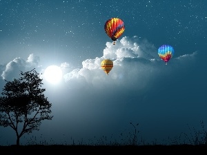 clouds, Balloons, trees