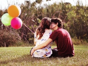 Balloons, kiss, Love, grass, Steam