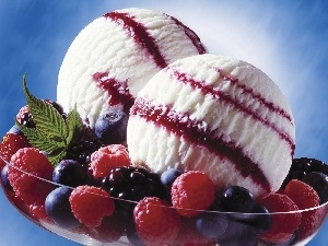 blackberries, Ice Cream, raspberries, Two, blueberries, M&Ms balls