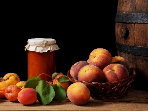 barrel, Jam, peaches, apricots