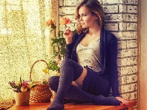 basket, Window, staring, Flowers, girl