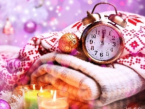 baubles, candles, alarm clock, Clock