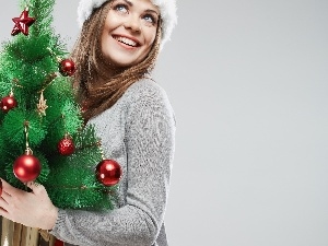 baubles, christmas tree, smiling, girl