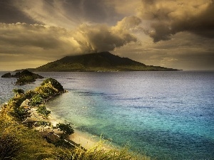 Beaches, promontory, Houses, Islands, sea, volcano