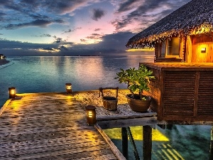 Tropical, Beaches, Lanterns, house, sea, an, piles