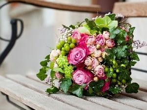 Bench, roses, bouquet, flowers