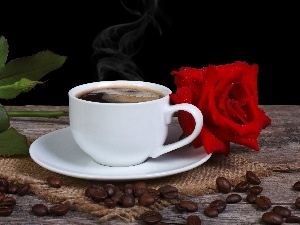 Bench, coffee, grains, rose, composition, cup