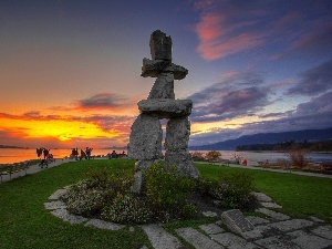 bench, People, Monument, sea, Great Sunsets