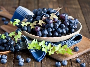 Bench, Leaf, blueberries, harvest, Bowls