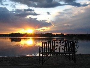 Bench, sun, lake, west