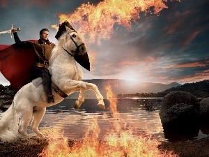 Big Fire, sword, a man, Horse