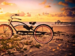 Bike, clouds, sea, Beaches