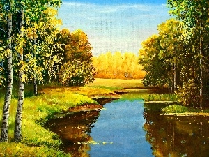 autumn, birch, River