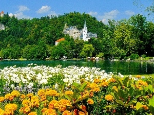 Bled, lake, Flowers, church, Slovenia, Castle