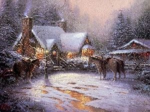 bloodstock, manor-house, picture, Thomas Kinkade, winter