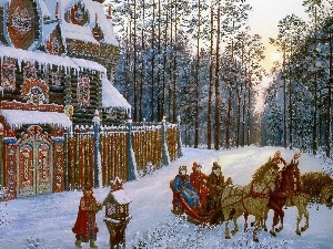 bloodstock, forest, winter, sleigh, house