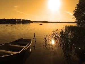 Boat, sun, lake, scrub