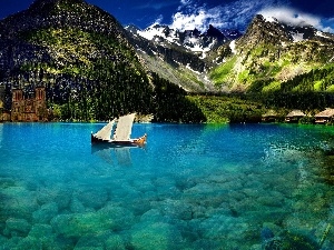 Boat, lake, Mountains, clear