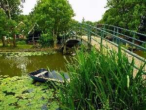 Boat, bridges, Park, Pond - car