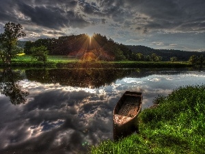 Boat, sun, River, west