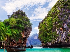 Boat, sea, Thailand, Mountains
