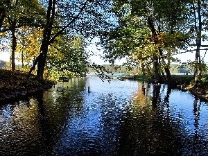 boats, viewes, River, autumn, trees