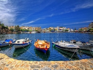 boats, Gulf, blue, Sky